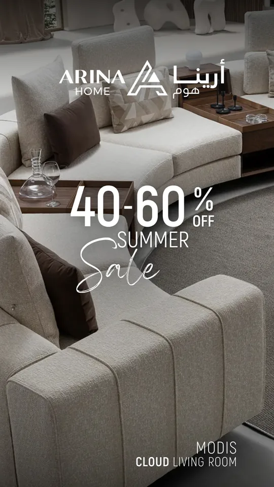 Arina Home story ad: 40 to 60% off Summer Sale, Modis Cloud living room