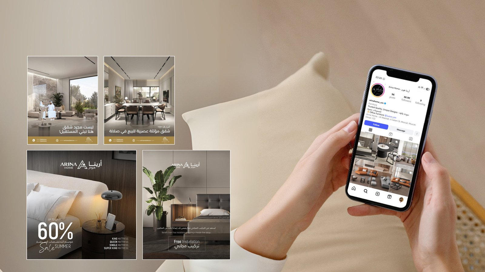 Arina Home and Arina Residences social posts, and a phone showing the Instagram feed