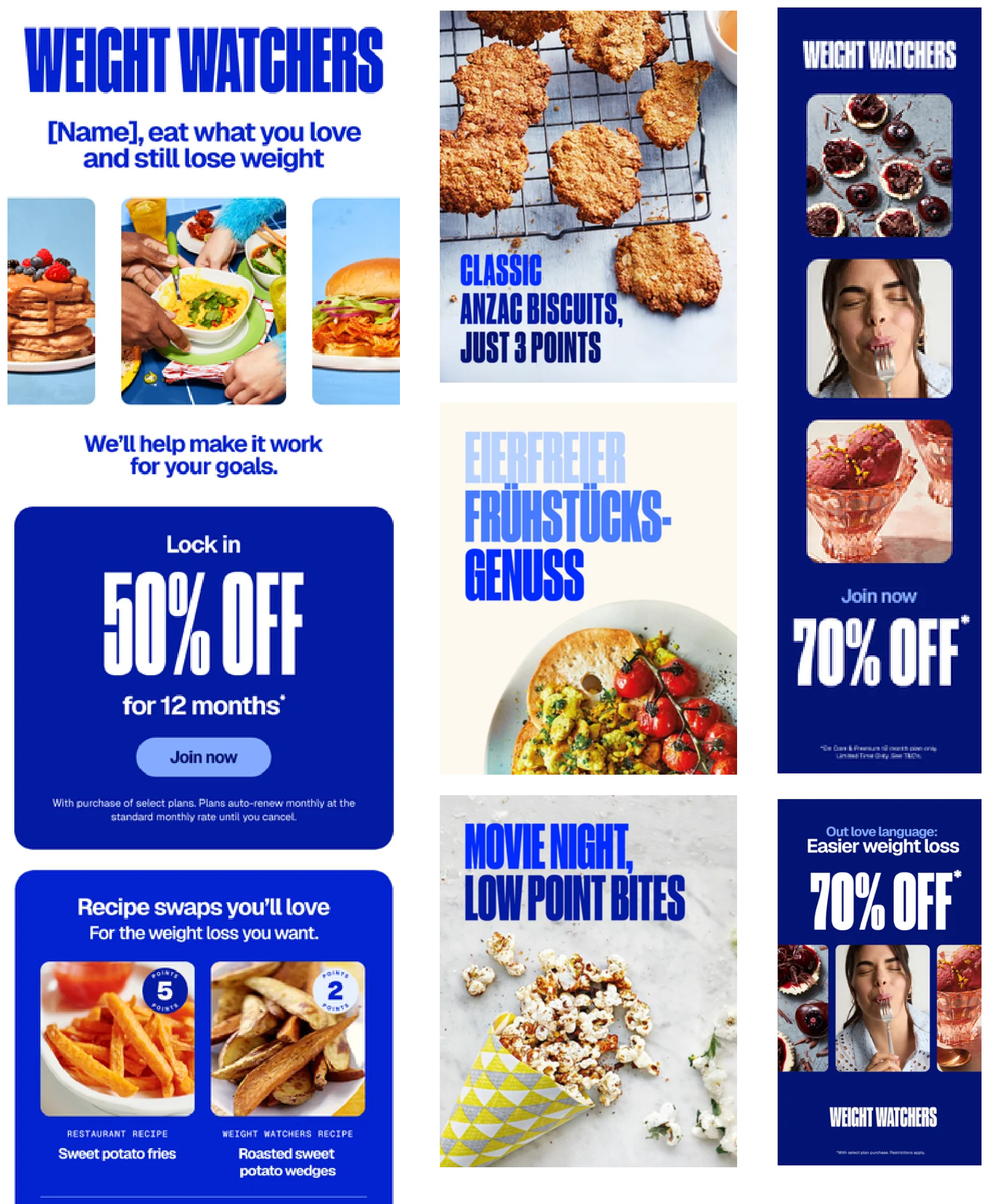 Weight Watchers emails and social posts for several markets