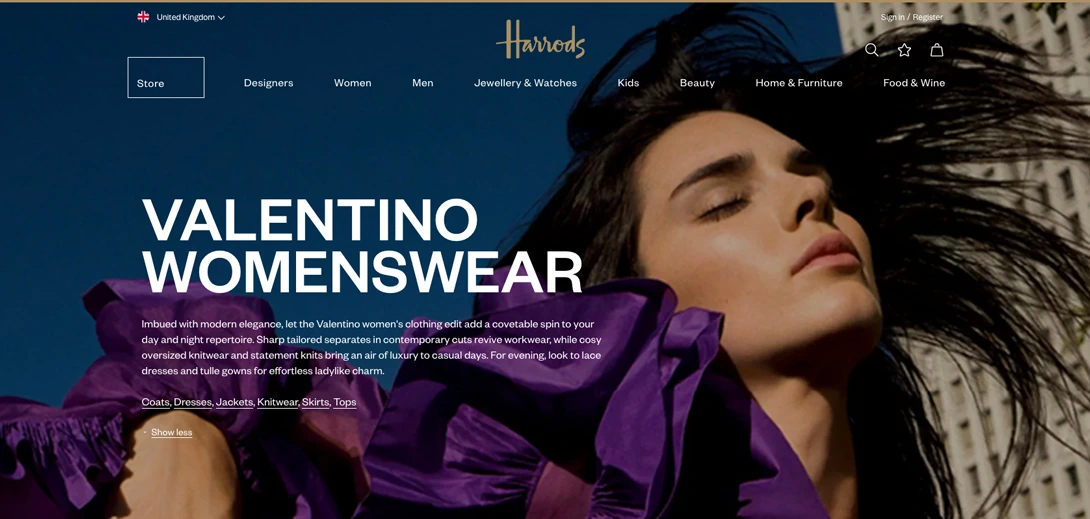 Harrods Valentino womenswear designer page with a bold blue and purple campaign image
