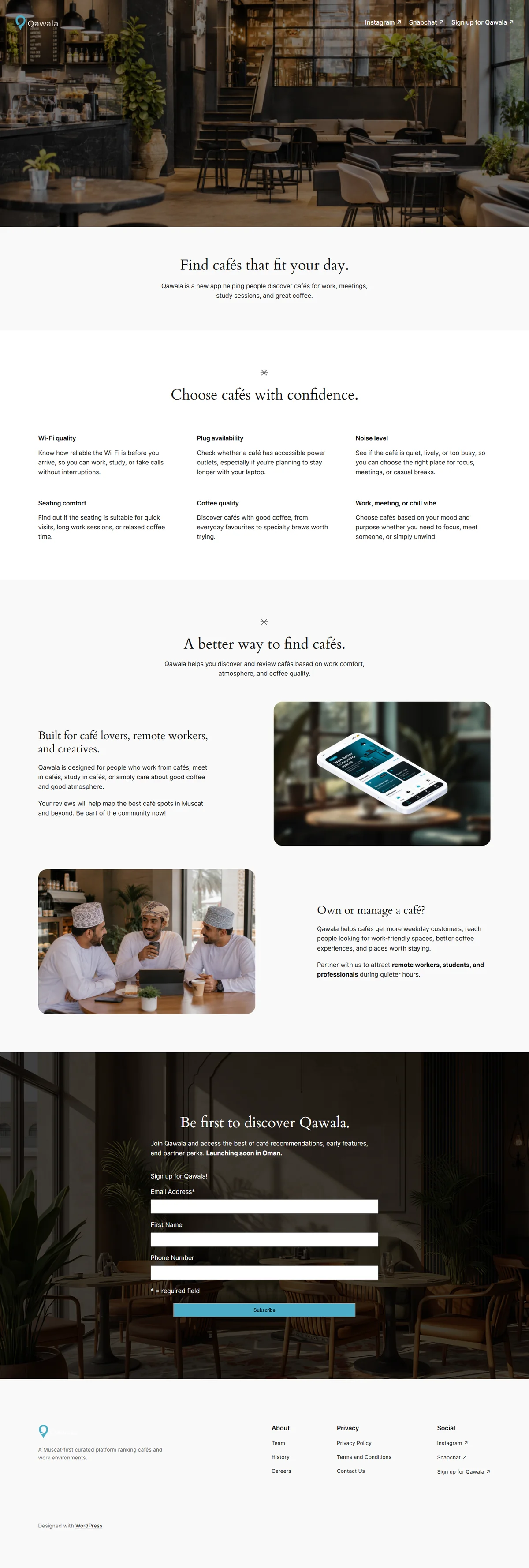 Qawala café app website, full home page