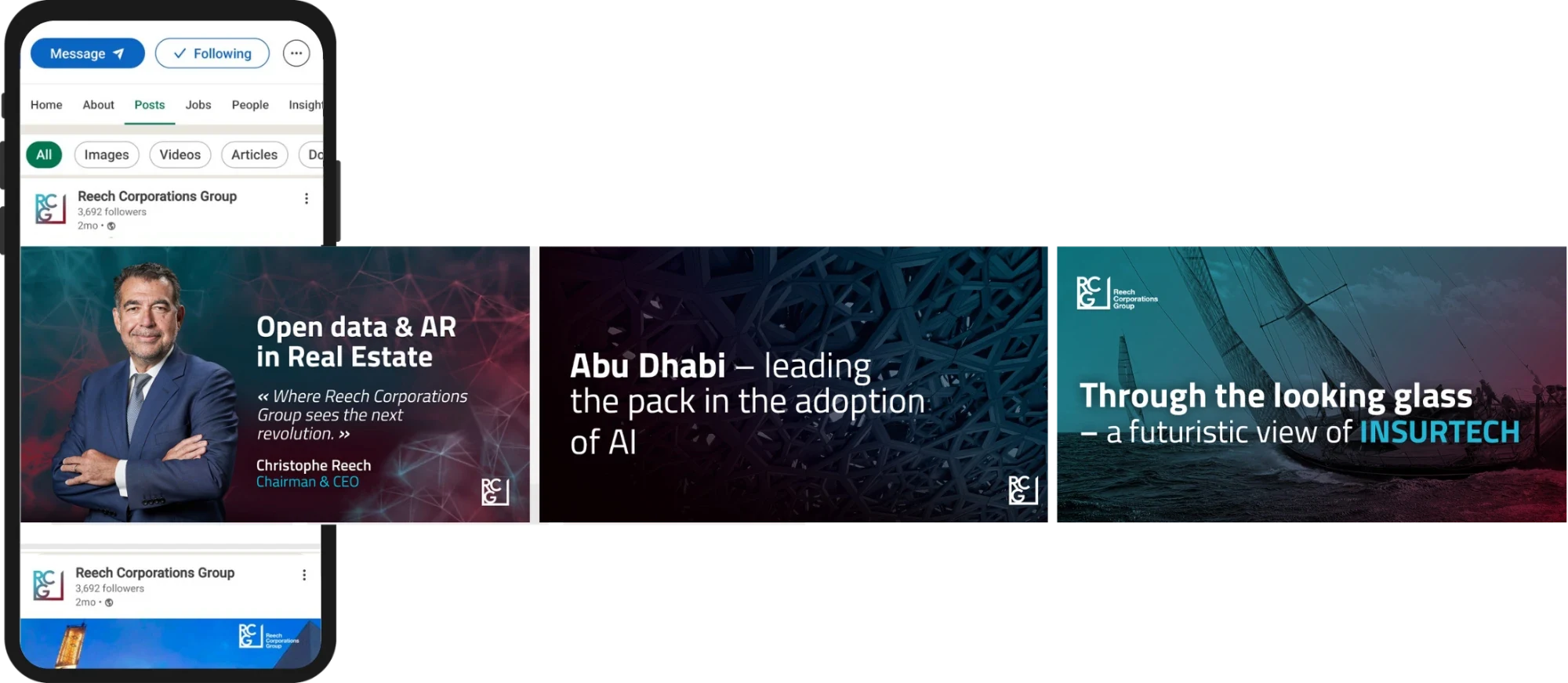 Reech Corporations Group LinkedIn page on a phone, with three post designs: open data and AR in real estate, Abu Dhabi and AI, and insurtech