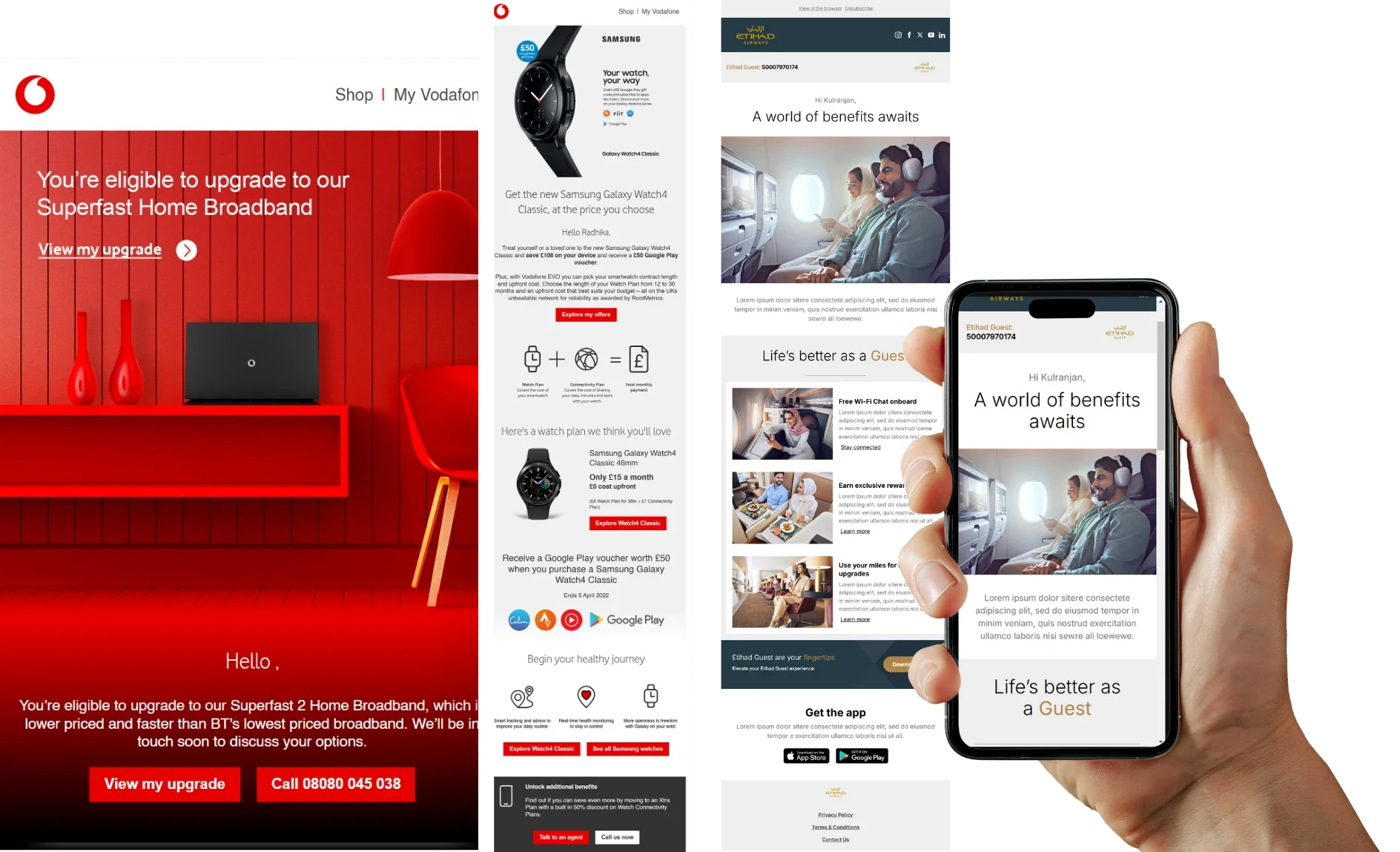 Vodafone and Etihad emails, with a hand holding a phone showing the Etihad email